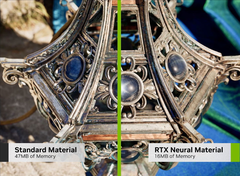 La comparación de materiales estándar y neuronales muestra que Nvidia puede reducir en gran medida las necesidades de VRAM para los juegos. (Fuente de la imagen: Nvidia, editado)