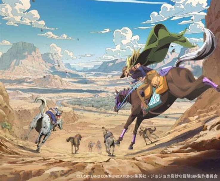 Key visual oficial del anime Steel Ball Run de Netflix con Gyro Zeppeli y Johnny Joestar corriendo por el desierto americano. (Fuente de la imagen: Lucky Land Communications / Shueisha / Warner Bros. Japan / Netflix Anime