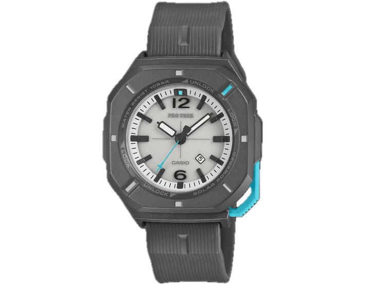 Reloj analógico Casio Pro Trek PRJ-01AE-8 con caja gris, esfera blanca, detalles en turquesa y correa negra