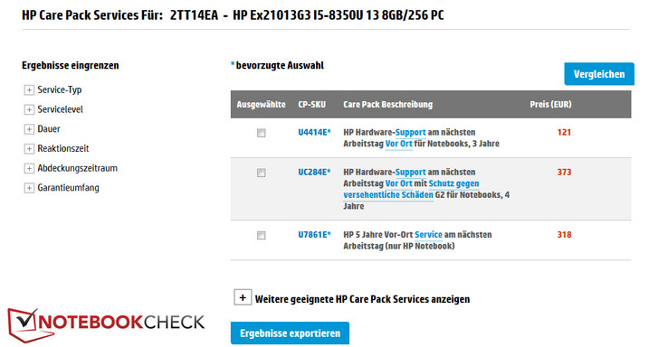 El sitio web de HP CarePack Central muestra las posibles opciones de garantía.