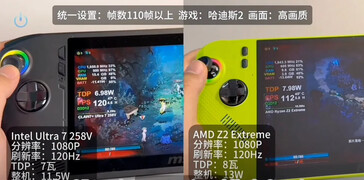 Consumo de energía del MSI Claw Z2 Extreme vs Ultra 7 258V (Fuente de la imagen: Bilibili via VideoCardz)