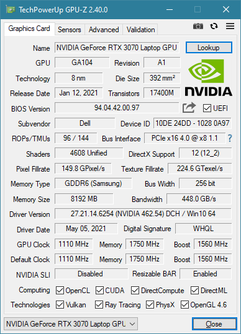 GPU del portátil Alienware m15 R5 RTX 3070 con relojes más bajos, núcleos CUDA reducidos y baja tasa de llenado de píxeles. (Fuente de la imagen: u/REAVER117 en Reddit)