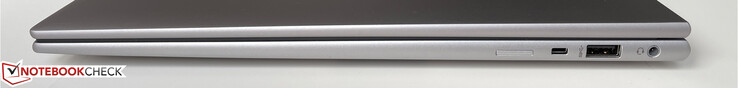 A la derecha: Ranura Nano SIM (opcional en los modelos WWAN), ranura de seguridad Kensington Nano, USB-A 3.2 gen 1 (5 Gb/s, con alimentación), 3,5 mm estéreo