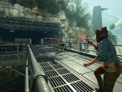 Kay Vess, la protagonista de Star Wars Outlaws, disparando a los Strom Troopers. (Fuente de la imagen: Nintendo)