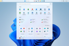Captura de pantalla de la barra de tareas en la posición alineada superior, con Inicio abriéndose desde arriba.