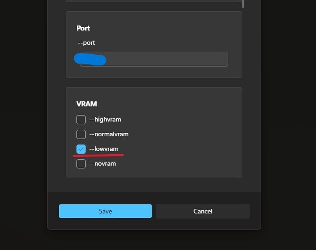 Una captura de pantalla del menú de ajustes dentro de la baldosa ComfyUI en la Matriz de Estabilidad con la vram baja resaltada. (Fuente de la imagen: Captura de pantalla de Windows)