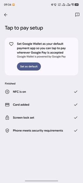 Todo sigue pareciendo correcto en la configuración de Google Wallet.