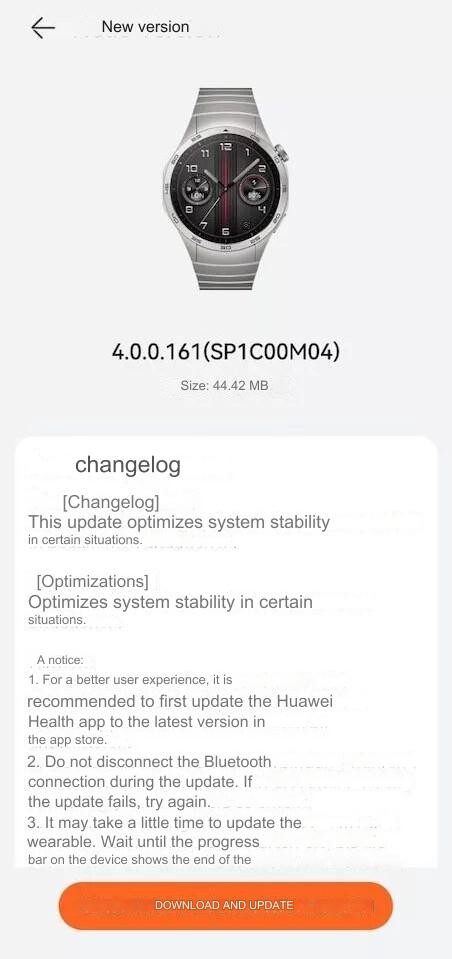 El registro de cambios de la versión de actualización 4.0.0.161 para el Huawei Watch GT 4. (Fuente de la imagen: Huawei.blog/Google Translate)