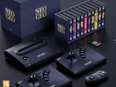Un render de la Neo Geo Aes+ con sus joysticks gamepad y una colección de videojuegos