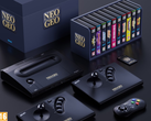 Un render de la Neo Geo Aes+ con sus joysticks gamepad y una colección de videojuegos