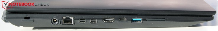 a la izquierda: Kensington, alimentación, 2x miniDP, HDMI, USB-C (3.1), USB-A (3.1)