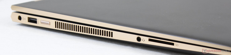 Izquierda: adaptador de CA, USB 3.1 tipo A, botón de encendido, audio combinado de 3,5 mm, lector SD