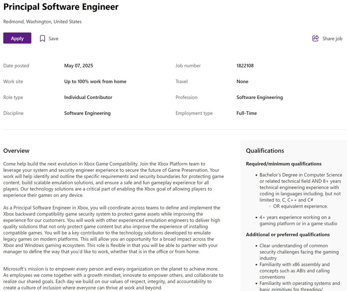 Oferta de empleo de Microsoft para ingeniero de software principal (Fuente de la imagen: captura de pantalla, Microsoft Careers)