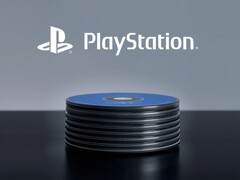 Logotipo de PlayStation sobre discos de PS5 en el escritorio