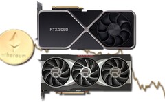 Los precios de venta al público de las GPU RTX 30 y RX 6000 han caído en línea con el valor de mercado de Ethereum. (Fuente de la imagen: Nvidia/AMD/Unsplash/Coinbase - editado)
