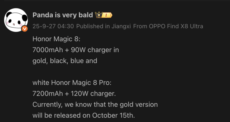 Información filtrada del Magic 8. (Fuente de la imagen: Weibo - machine translated)
