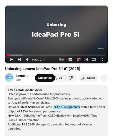 El IdeaPad Pro 5 16 de Lenovo se lanzará con una GPU Nvidia RTX 5050 integrada. (Fuente de la imagen: Lenovo PC en YouTube)