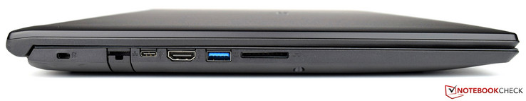 left side: Kensington Lock, modular connector, one USB 3.1 Type-C port, one HDMI output, one USB 3.0 port, SD card reader