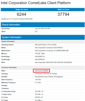 Intel Core i9-10850K. (Fuente de la imagen: Geekbench)