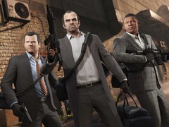 Los protagonistas de Grand Theft Auto V, Michael, Trevor y Franklin, en una misión de atraco con armas y bolsas. (Fuente de la imagen: Rockstar Games)