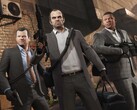 Los protagonistas de Grand Theft Auto V, Michael, Trevor y Franklin, en una misión de atraco con armas y bolsas. (Fuente de la imagen: Rockstar Games)