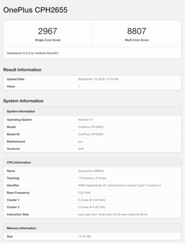 El listado del OnePlus 13 en Geekbench. (Fuente de la imagen: Geekbench)