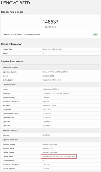 GeForce Portátil RTX 3080 Ti. (Fuente de la imagen: Geekbench)