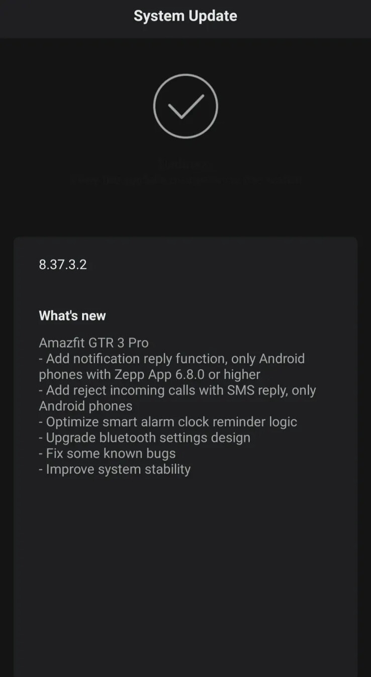 La última pantalla de actualización del GTR 3 Pro. (Fuente: Amazfit vía TizenHelp)