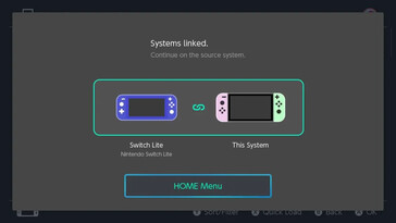 Paso 3 de la vinculación de consolas Nintendo Switch para compartir la tarjeta de juego virtual: Aparece la pantalla de confirmación "Sistemas vinculados", que indica que el proceso de vinculación ha finalizado. Se indica al usuario que continúe en el sistema de origen pulsando el botón Menú HOME.