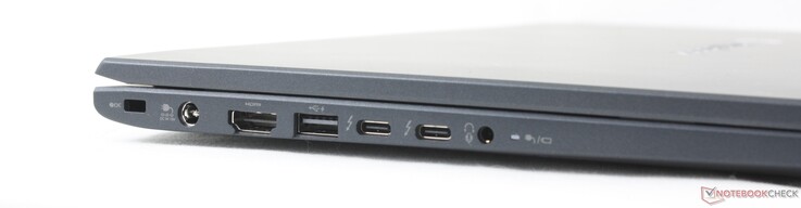 Izquierda: Cierre de seguridad, adaptador de CA, HDMI, USB-A Gen 3.2, 2x USB-C 4.0 con DisplayPort + Power Delivery, auriculares de 3,5 mm