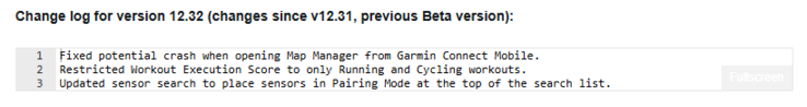 El registro de cambios de la versión beta 12.32 para el Garmin Fenix 8 y los smartwatches relacionados. (Fuente de la imagen: Garmin)