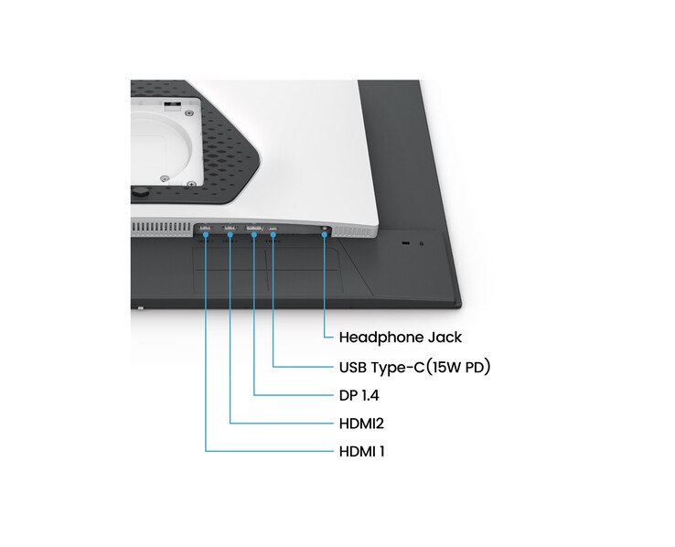 Las opciones de conectividad física del monitor incluyen dos puertos HDMI 2.1 y una conexión DisplayPort 1.4, además de dos altavoces integrados de 2 W cada uno.