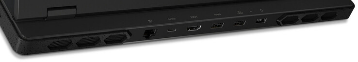 Parte trasera: Gigabit Ethernet, USB 3.2 Gen 2 (USB-C; Power Delivery, DisplayPort), HDMI, 2x USB 3.2 Gen 1 (USB-A), puerto de alimentación
