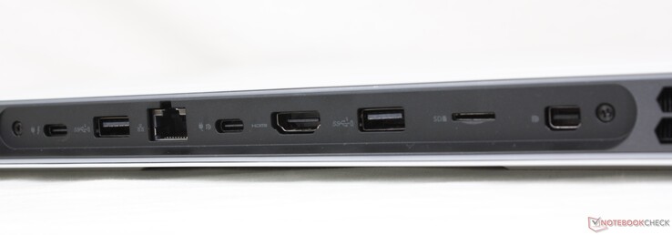 Trasera: USB-C con Thunderbolt 4 + Power Delivery + DisplayPort, USB-A 3.2 Gen. 1, RJ-45 2,5 Gbps, USB-C 3.2 Gen. 2 con Power Delivery + DisplayPort, HDMI 2.1, lector de MicroSD, mini DisplayPort 1.4