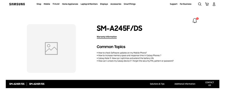 El "Galaxy A24" es visto como una nueva entrada en la base de datos de Soporte de Samsung. (Fuente: Samsung IN vía SamMobile)