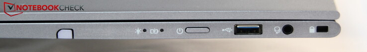 Derecha: lápiz de entrada, botón de encendido, USB-A, audio, cerradura Kensington