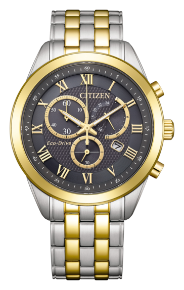 Cronógrafo Citizen AT2604-56H Eco-Drive con esfera texturizada en gris carbón, bisel y agujas en tono dorado, y brazalete de acero inoxidable bicolor.