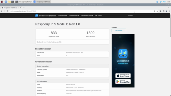 Con una puntuación única en Geekbench 6 de 833, la Raspberry Pi 5 no se queda atrás (Fuente: Notebookcheck)