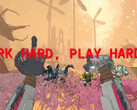 Captura de pantalla de Mycopunk con manos de robot y texto reeading work hard play harder