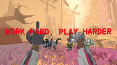 Captura de pantalla de Mycopunk con manos de robot y texto reeading work hard play harder