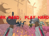Captura de pantalla de Mycopunk con manos de robot y texto reeading work hard play harder