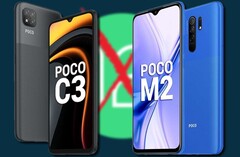 Tanto el POCO C3 como el POCO M2 han pasado a la columna &quot;no conseguirá Android 12&quot;. (Fuente de la imagen: POCO/Google - editado)