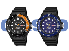 Los modelos Casio MRW-230H-1E4V y MRW-230H-2EV contra el logotipo de Casio.