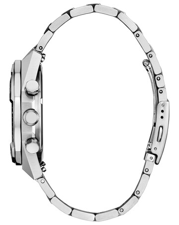 Reloj cronógrafo Citizen Nighthawk CA0890-54H con esfera gris, brazalete de acero inoxidable en tono plateado, bisel giratorio, tres subesferas y indicador de fecha a las 3 en punto.