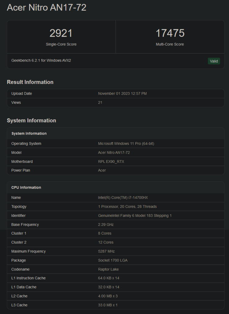 Listado de Intel Core i7-14700HX en Geekbench (imagen vía Geekbench)