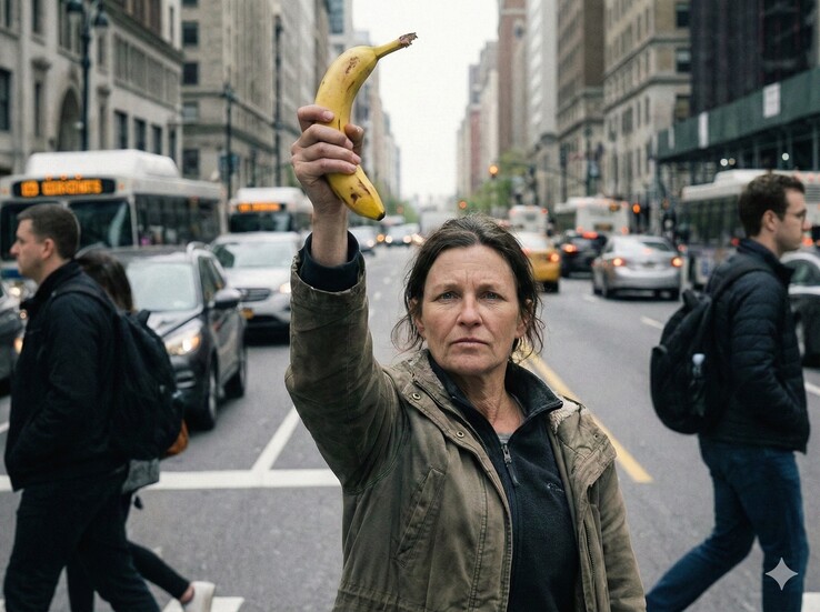 Mujer sosteniendo un plátano, original de Nano Banana Pro
