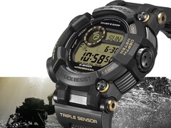 El Casio G-Shock Frogman GWF-D1000BC-1JF se muestra en ángulo, destacando su caja asimétrica de gran tamaño y su correa compuesta.