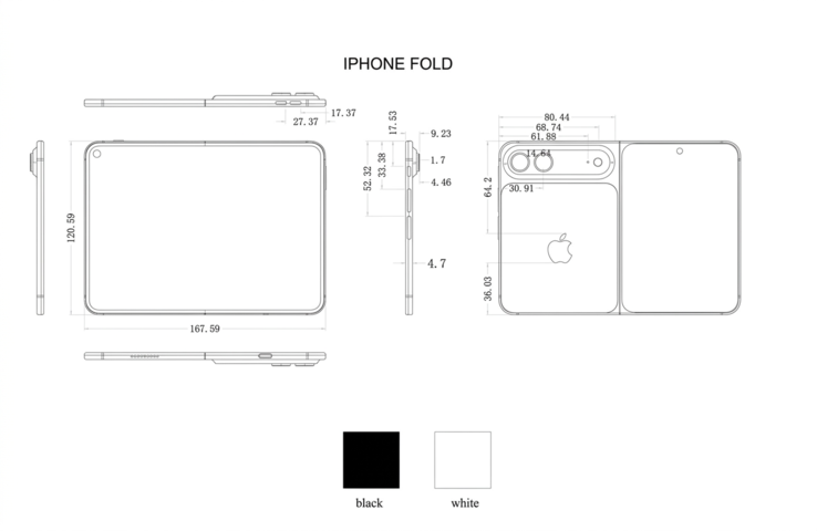 Supuestos esquemas del iPhone Ultra/Fold de un fabricante de fundas (ampliados con IA).