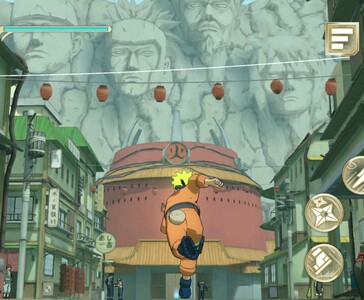 Naruto corriendo por la Aldea Oculta de la Hoja en Naruto: Ultimate Ninja Storm+, con la Roca Hokage visible al fondo. (Fuente de la imagen: Bandai Namco Entertainment)