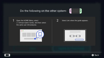 Paso 1 de la vinculación de consolas Nintendo Switch para compartir Tarjetas de Juego Virtuales: La pantalla indica al usuario que abra el Menú INICIO, seleccione el icono de Tarjetas de Juego Virtuales y, a continuación, seleccione su perfil de usuario en la otra consola Nintendo Switch que desee vincular.